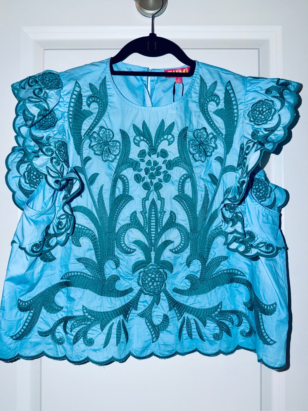 THML Aqua Embroidered Flutter Sleeve Blouse